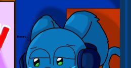 Blue cartoon cat named Riggy wearing headphones, looking pensively at a desk with a note and colorful background.