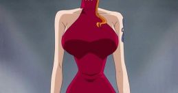 Nami from One Piece in a stylish red dress, showcasing her confident pose and iconic orange hair.