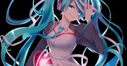 Hatsune Miku in a dynamic pose, showcasing vibrant blue hair and a stylish outfit with a candy-inspired prop.