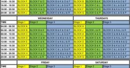 Weekly schedule displaying block allocations for different stages from Monday to Sunday for efficient load management.