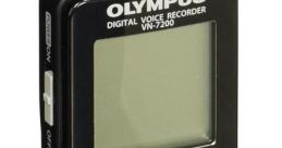 Olympus VN-7200 digital voice recorder with buttons for record, stop, erase, and menu navigation. Sleek black design.