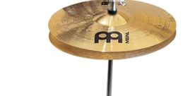 High-quality brass cymbal mounted on a sturdy chrome stand, perfect for enhancing your drumming experience.