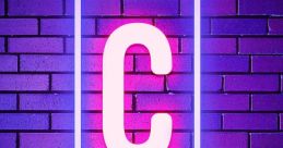 Bright neon letter "C" framed against a purple brick wall, creating a modern and stylish visual effect.