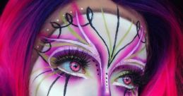 Vibrant artistic makeup featuring pink and purple hues, detailed designs, and captivating visual elements inspired by Adentro.