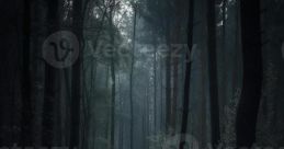 Dark forest path shrouded in mist, evoking a eerie horror ambiance with shadowy trees and a mysterious atmosphere.