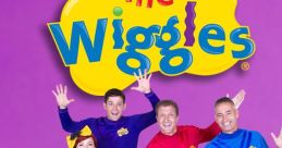 The Wiggles perform joyfully in colorful outfits against a vibrant purple background, promoting fun and music for kids.