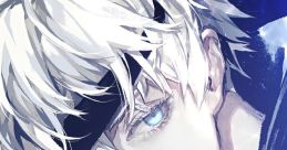 Satoru Gojo from anime, featuring striking white hair and a confident smirk, embodying power and charisma.