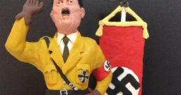 Plasticine figure of Adolf Hitler in uniform, saluting next to a Nazi flag, representing historical context and symbolism.