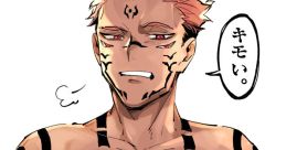 Sukuna from Jujutsu Kaisen, showcasing a confident expression and intricate tattoos on his muscular arms.