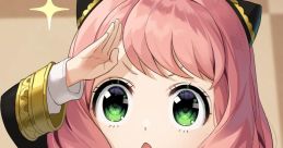 Anya Forger from Spy × Family, cutely saluting with sparkling eyes and pink hair in a stylish black outfit.