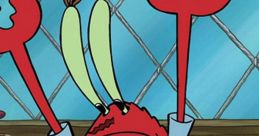 Mr. Krabs from SpongeBob SquarePants with raised claws, wearing a blue shirt and amusingly oversized pants.