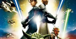 Star Wars: The Clone Wars poster featuring Yoda, Jedi heroes, and Clone Troopers in an epic galactic battle scene.