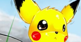 Cute Pikachu sitting in grass near a rock, with bright yellow fur and expressive eyes, set against a cloudy sky.