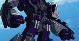 Powerful Transformers character in a striking purple and black design, showcasing robot features against a bright sky backdrop.