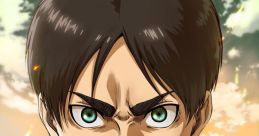 Eren Yeager from Attack on Titan, glaring fiercely with green eyes, showcasing determination amidst a chaotic background.