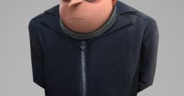 Gru from Minions stands gruffly in a black jacket, showcasing his signature scowl and distinctive character design.