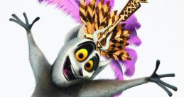 King Julien dances joyfully, wearing colorful feathers and a tribal crown, showcasing his playful and vibrant personality.