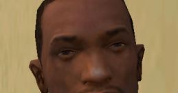 Close-up of Carl Johnson from GTA V, featuring his facial expression and signature style in a casual white tank top.