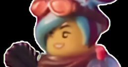 Lucy from The LEGO Movie, sporting vibrant hair and stylish goggles, holds a drink and poses confidently.