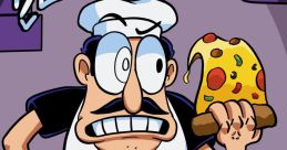 Peppino Spaghetti from Pizza Tower holds a slice of pizza, showcasing his playful expression in a colorful kitchen setting.