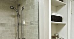 Shower stall Library The frameless glass shower door knocks open with a sharp , echoing through the room as it swings