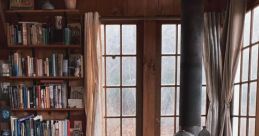 Cozy Stovetop Library scene with a wood-burning stove, stacked books, and a rustic, inviting atmosphere by large windows.