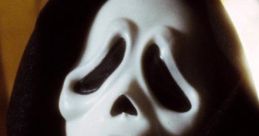 Iconic Ghostface mask from the Scream series, features a haunting expression and dark hood, symbolizing horror.