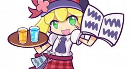 Amitie from Puyo Puyo cheerfully serves drinks, showcasing her playful personality and vibrant character design.