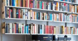 Cozy stereo library with shelves of books and vinyl records, featuring a turntable and audio equipment for music enjoyment.