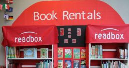 Colorful toddler library book rental display with shelves filled with children's books and vibrant signage for easy access.