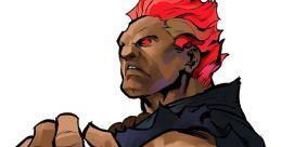 Akuma, iconic Street Fighter character, showcasing his powerful stance and fierce expression with fiery red hair.