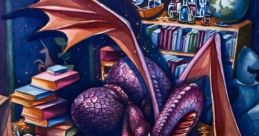 A purple dragon reading an ancient book amid treasures and books in a whimsical library environment.