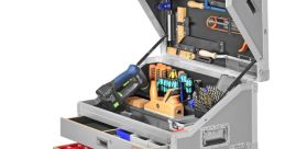 Organized toolbox with multiple drawers, featuring essential tools for various projects, ideal for any workshop library setup.