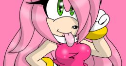 Playful illustration of Amy Rose with pink hair and green eyes, featured in a vibrant pink outfit and background.