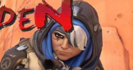 Ana from Overwatch, with distinctive blue hair, aims her weapon, showcasing her strong character design.