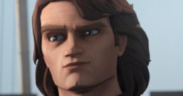 Anakin Skywalker with flowing hair and a serious expression, wearing Jedi robes in a scene from Star Wars: The Clone Wars.