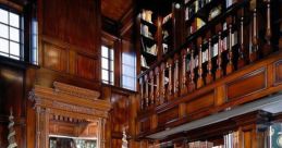 Elegant wooden floor library with rich wooden paneling, bookshelves, and a cozy seating area, creating a classic reading space.