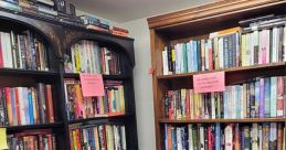 Bookshelves filled with various genres at Danby Library, showcasing pre-owned books available for purchase.