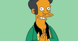 Apu Nahasapeemapetilon from The Simpsons, wearing a green jacket and greeting with hands together.