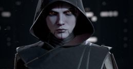 Asajj Ventress in a dark, menacing outfit, featuring striking yellow eyes and a hood, embodies her fierce, powerful persona.