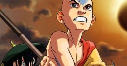 Aang, the Avatar, wields a staff in a determined pose, with friends by his side, ready to face challenges.