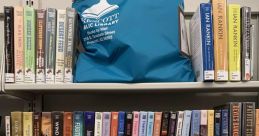 Prescott Public Library book bags on shelves, showcasing the "Books by Mail" service for convenient reading access.