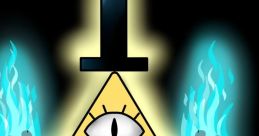 Bill Cipher from Gravity Falls, featuring magical flames, a glowing aura, and a triangular shape with an eye.