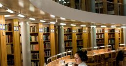 Student studying in a modern library, focused on a laptop, surrounded by shelves filled with books.