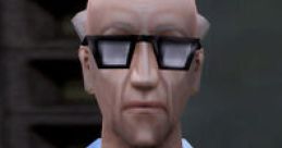 Black Mesa scientist Walter, voiced by Harry S. Robins, with glasses, bald head, and white lab coat in a game setting.