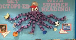 Colorful library display promoting summer reading with an octopus made of paper chains, surrounded by various books.