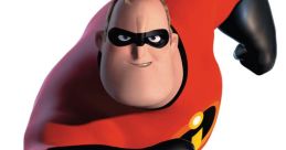 Bob Parr, also known as Mr. Incredible, striking a heroic pose in red and black superhero outfit.