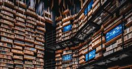 Modern Japanese library interior featuring towering wooden shelves filled with books and digital displays.