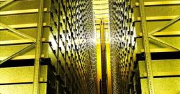 Automated storage system in a robotic library, featuring high shelves and bright illumination along the aisle.