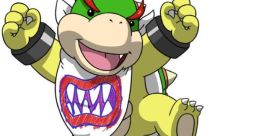 Bowser Jr. with a playful expression, wearing a bib, passionately riding a toy Bob-omb in a vibrant illustration.